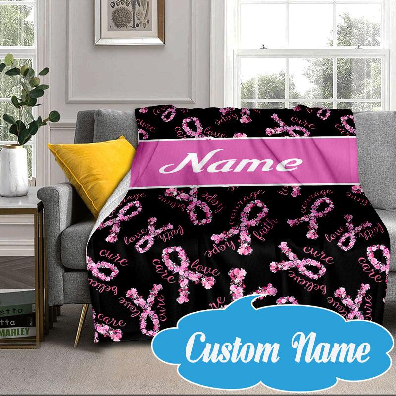 Custom Name Pink Ribbon Courage Blanket bed sofa Blanket Flannel Blanket for Camping, Hiking, Picnic Essentials,gift for Fan family