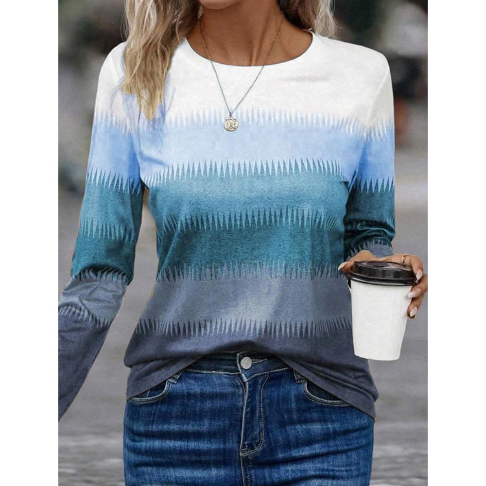 Oberteile für Damen Geometrisches Muster Print Rundhals Langarm T-Shirt Herbst Lässig Schlanker Pullover Damen Langarm Oberteil