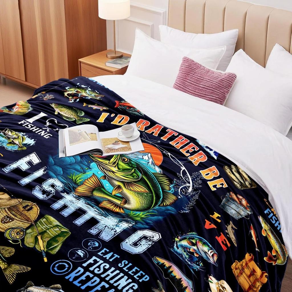 Fishing Theme Blanket Soft Throw Blanket for Living Room Couch Cozy Flannel Blankets for Boys Kids Perfect Gift for Home Decor