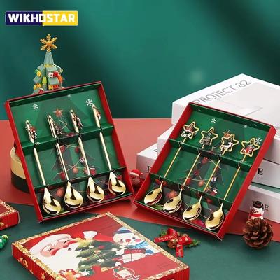 4PCS Christmas Stainless Steel Spoon Christmas Coffee Spoons Set Gold Home Restaurant Dessert Cutlery Set