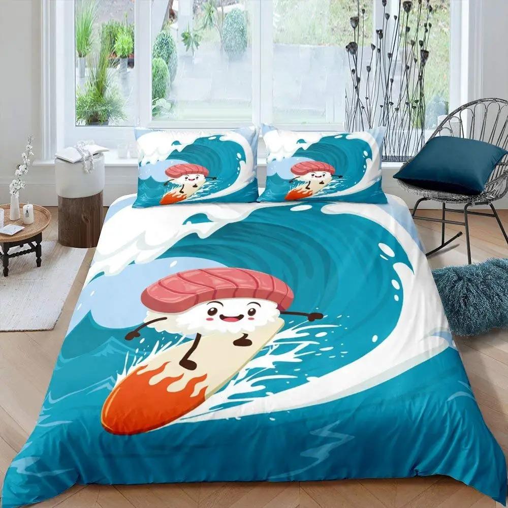 Japanese Sushi Duvet Cover King Size Microfiber Cute Cartoon Food Theme Bedding Set Quilt Cover