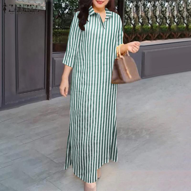 ZANZEA Women Casual Turn Down Collar Loose Short Sleeve Stripe Shirt Dress