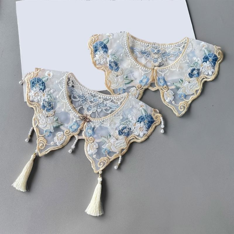 Embroidery Flower Capelet Women Girl Pearl Tassels Yunjian Shawl False Collar