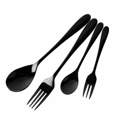 PEARL METAL Cutlery Set: Dessert Spoon, Fork, Teaspoon, and Fruit Fork. Limited Edition Black Titanium Plated 4-Piece Set. Product Code: BLKP Black (A