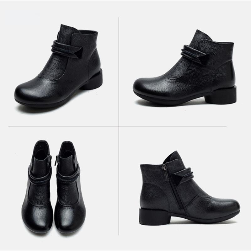 Johnature Cizme scurte retro de culoare solidă din piele naturală cu vârf rotund cu fermoar lateral cu toc mic pantofi casual damă