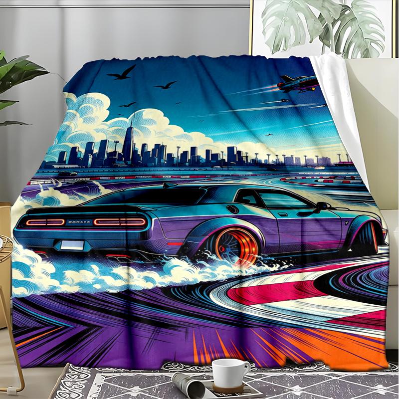 Miami Retro Sports Car Neon Scenery Fleece Printed Flannel Blanket, Warm Soft Throw Sofa Bed Blanket