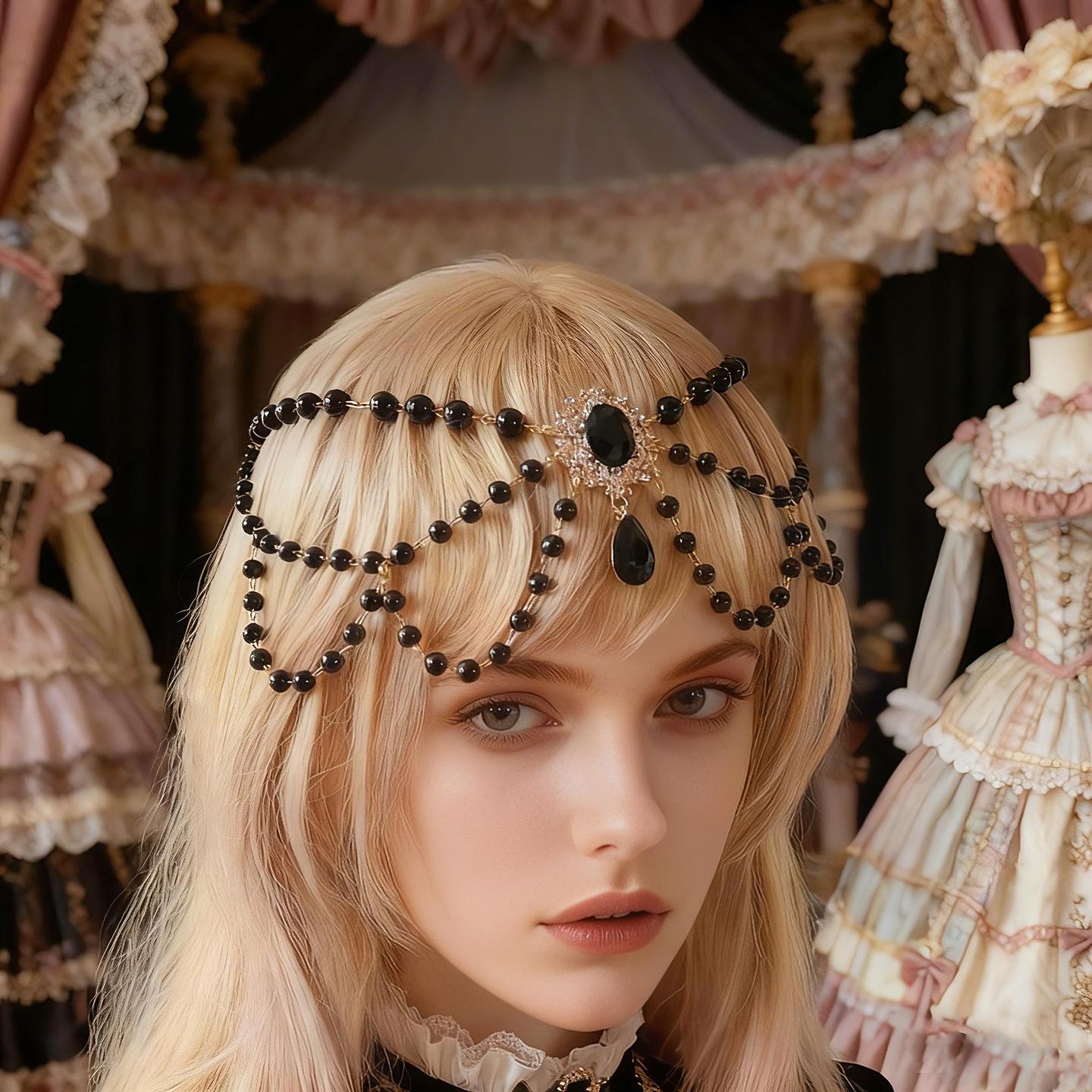 

Dark Crown Beaded Gothic Elf Queen Headdress - Retro Baroque Hair Accessory