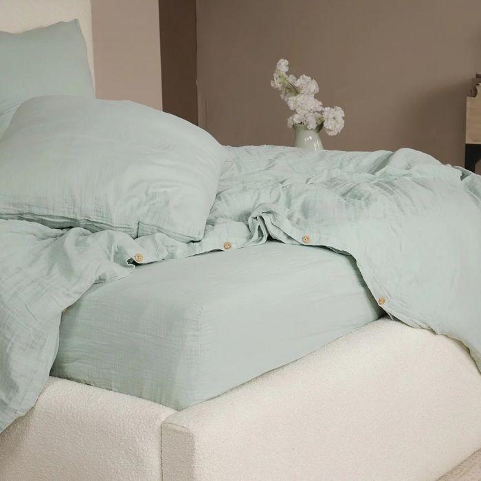 Housse de couette + taies - Douce - 220x240 cm - Gaze de coton lavé - Vert givré - Oeko-Tex®