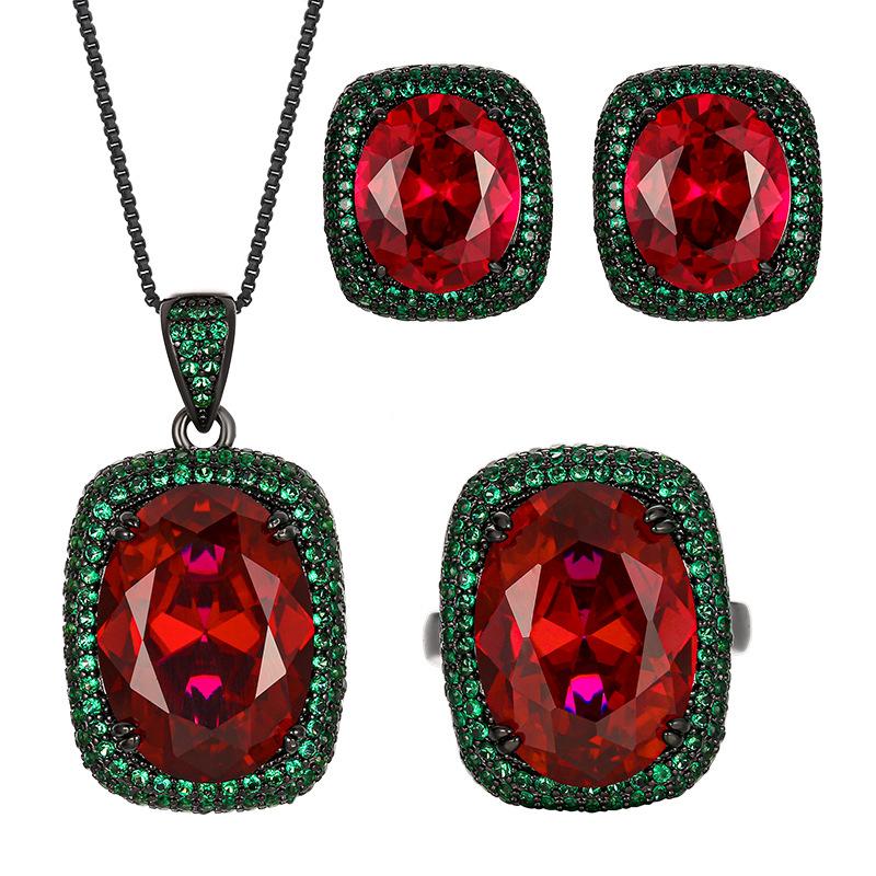 Schmuck Kupferboden Vergoldet Simulation Roter Korund Schwarzgold Leichte Luxus Set Damen Stein 13 * 18