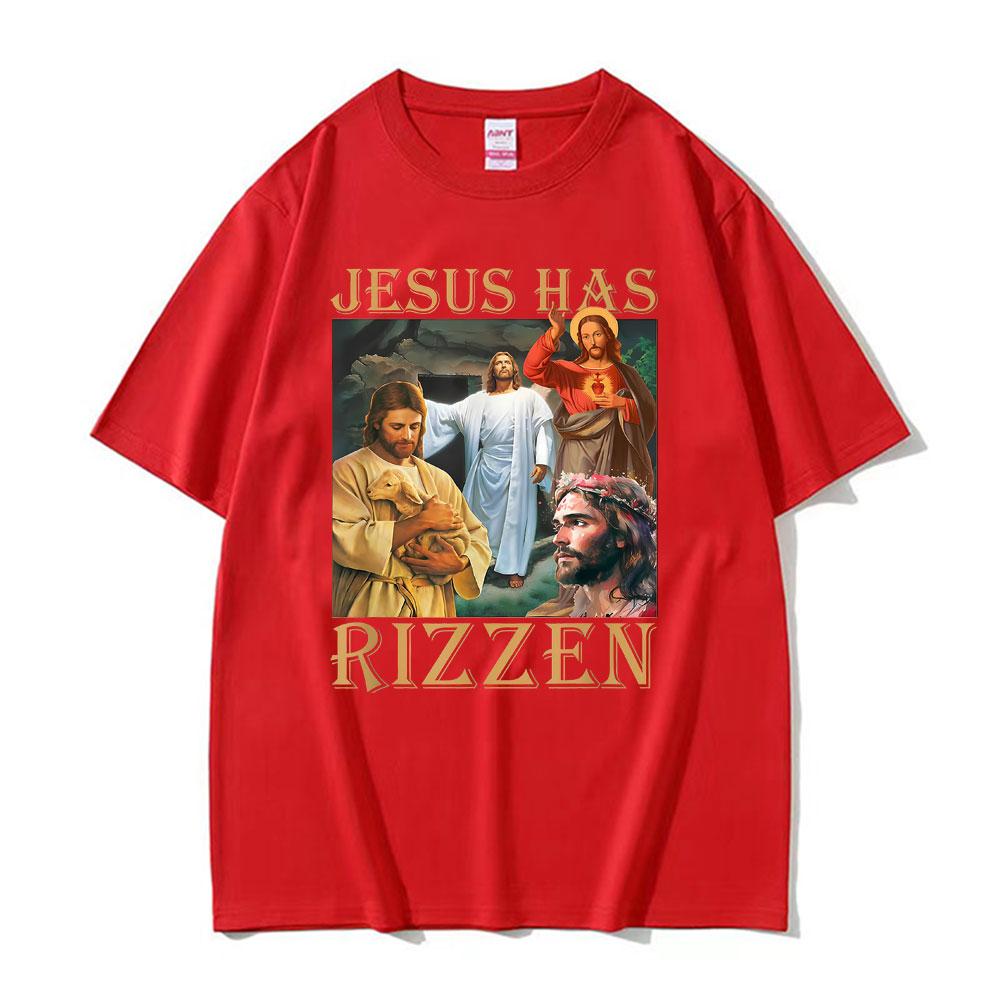 Jesus Has Rizzen Jesus Funny T Shirts Mens Clothing Summer Short Sleeve Pop Vintage Trend Cool Tshirt Cotton Oversized T Shirt
