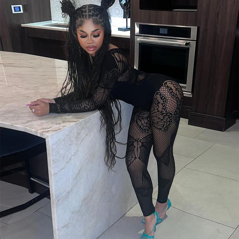 Sexy See Through Jumpsuits Women Long Sleeve Thin Mesh Butterfly Print Elastic Midnight Clubwear Workout Overalls