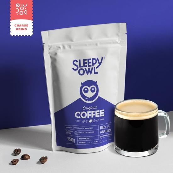 Sleepy Owl Ground Coffee for French Press | 100% Arabica Beans | Medium Roast - Original Flavour | Coarse Grind for Fresh Hot & Cold Brew | 250 gm