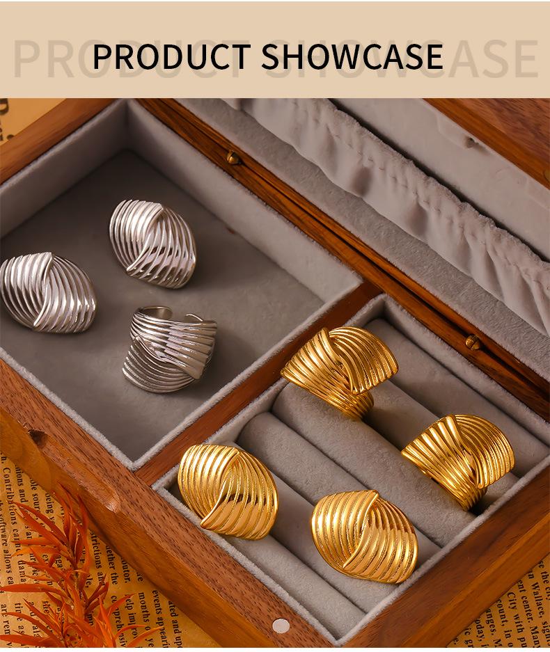 18K Gold Plated Titanium Steel Textured Earrings and Ring Set for Women