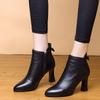 2025 Autumn/Winter Women’s Pointed Toe Chunky Heel Ankle Boots, Fleece-Lined Soft Leather Martin Boots