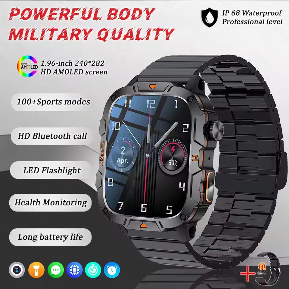 2025 New Military Grade Smart Watches Men 1.96" AMOLED 5ATM Waterproof Sports FitnessTracker BT Call Smartwatches Women For IOS