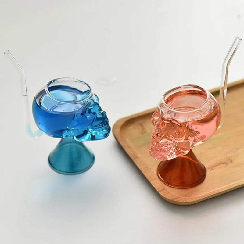 Halloween Creative Skull Glass Cup with Straw Bar Wine Cocktail Whiskey Glass Transparent Gift