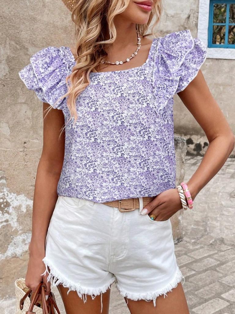 Women's Printed Summer Fashion Back Bow Tiered Ruffled Short Sleeve Shirt