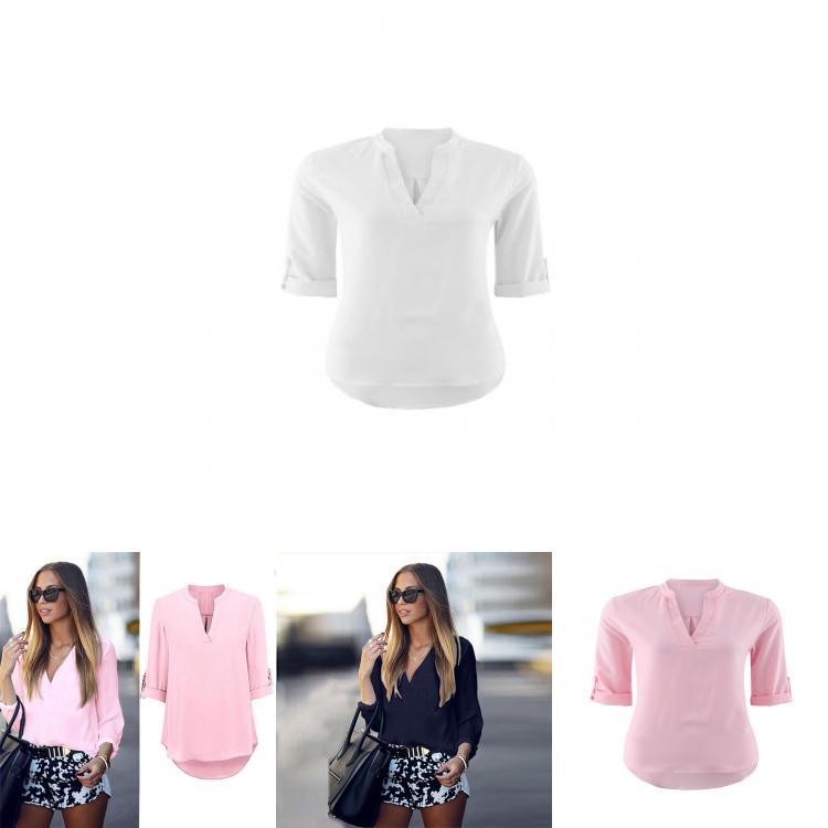 Polyester V Neck Button Front Womens Casual Shirt For Office And Spring Wear