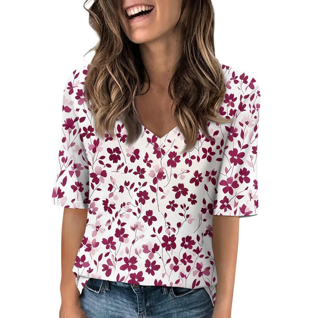 Shirts For Women Trendy V Neck T Shirts Casual Printed Blouse Half Sleeve Tops For Women