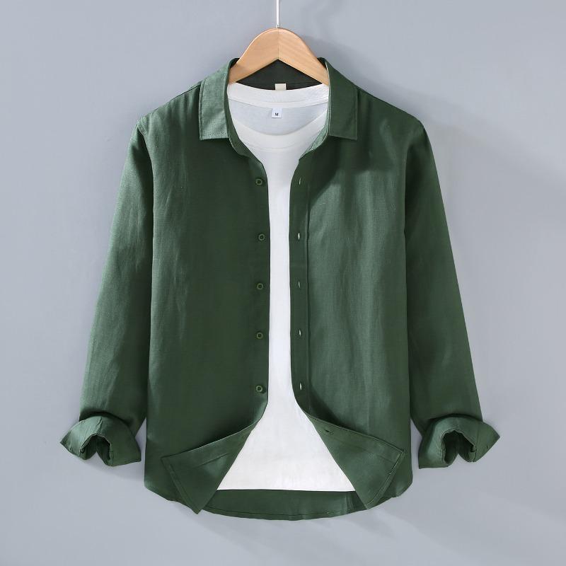 Men's Solid Color Long Sleeve Button Up Shirt Casual Loose Fit Breathable Linen Blend Daily Top