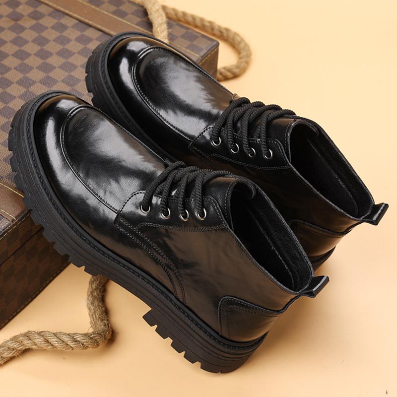 Fashion Outdoor Men High Top Leather Shoes Classic Black Leather Boots Motorcycle Breathable Riding Mid-calf Ankle Boots Warm Work Shoes