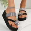 Fashion Brand Designer Glitter Flower Wedge Heels Slippers Silver Glitter Strap Clip Toe Slippers Women 2025 Summer Sexy Beach Sandals