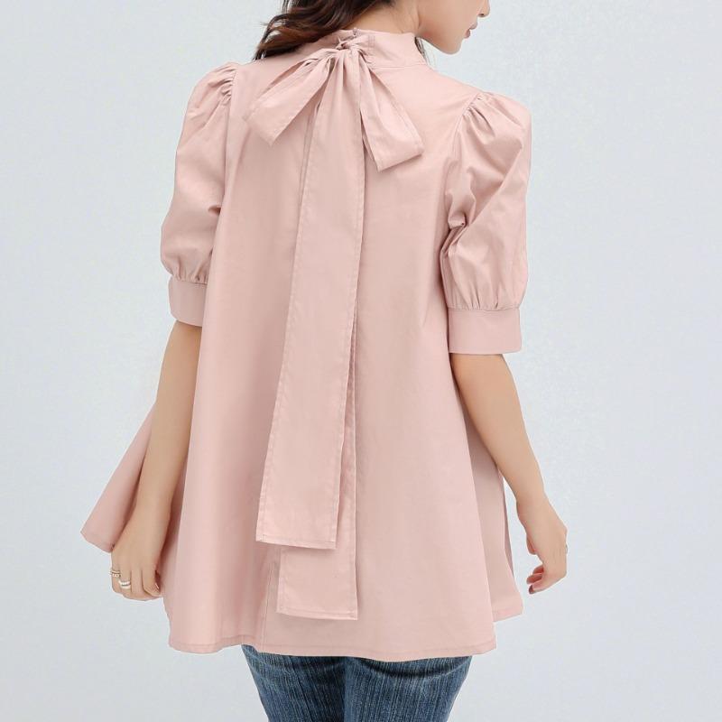 Lotte Japan Korea Spring Summer Solid Color Blouse Solid Lace Up Mid Sleeve Half High Neck Shirt for Women