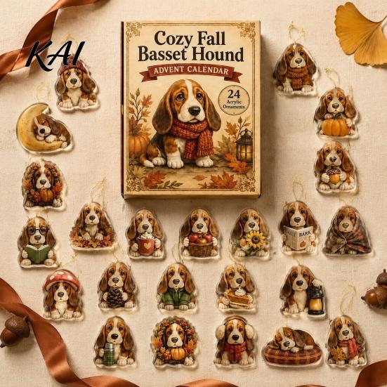 Autumn Theme Dog Decor 2026 Advent Calendar, 24-Days Christmas Countdown Calendar with 24 Festive Puppy Lover Box Ornament, 2D Acrylic Cartoon