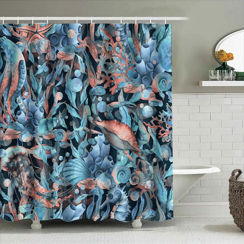 Underwater World Shower Curtain Blue Coral Jellyfish Print Home Decor Waterproof Bath Liner For Bathroom Decoration 69X72 Inches