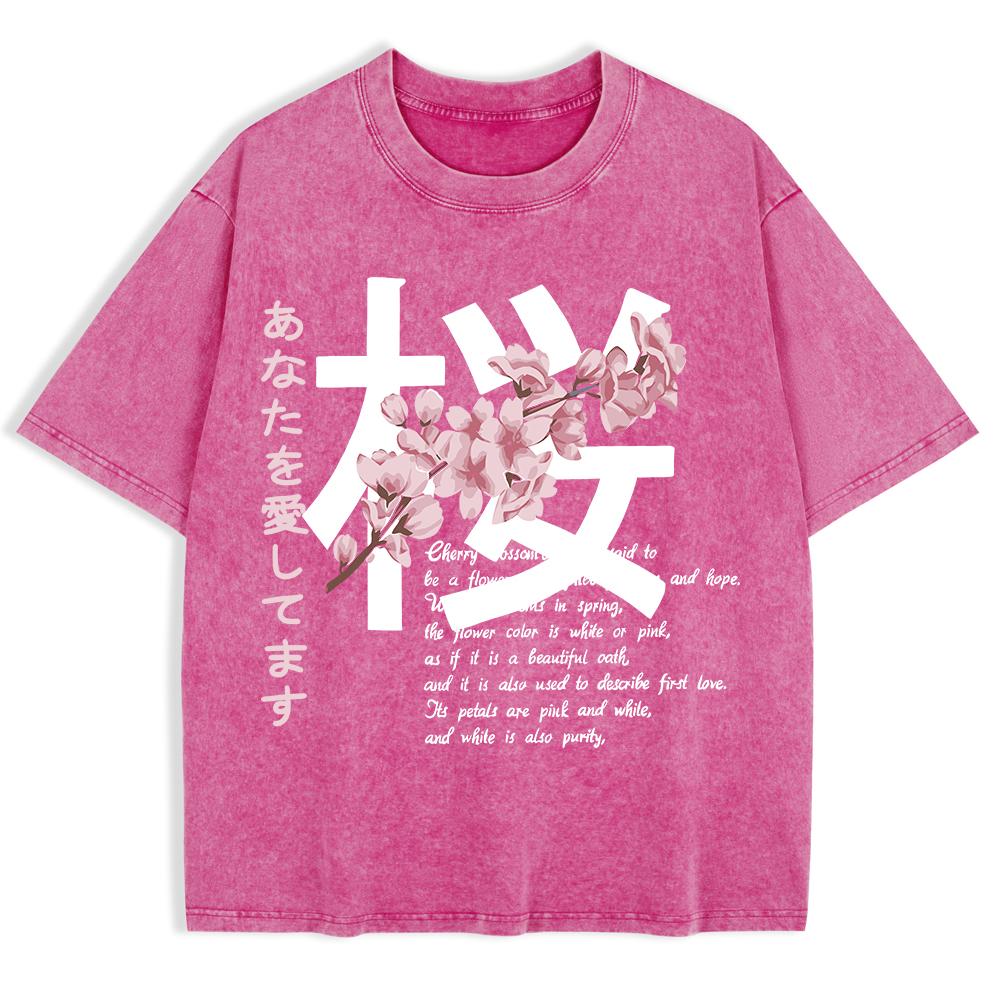 Japan Kirschblüten Aufdruck Gewaschene T-Shirts Herren Baumwolle Kurzarm Oberteile Sommer Rundhals Oversize T-Shirts Basic Kleidung