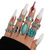 Ethnic style vintage turquoise carved feather ring fashion personality 8-piece combination ring set