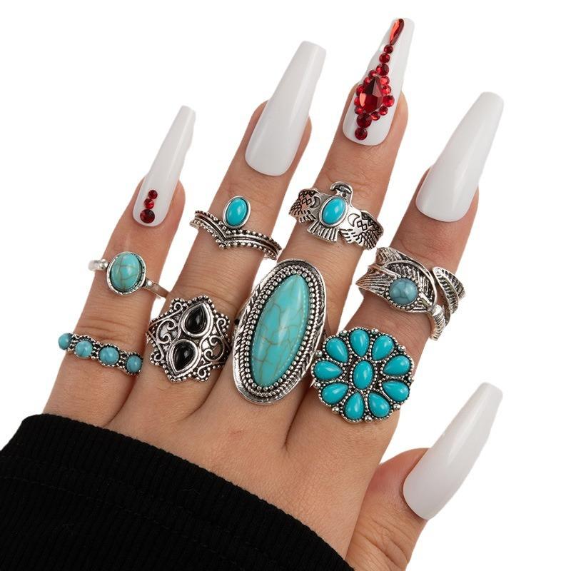 Ethnic style vintage turquoise carved feather ring fashion personality 8-piece combination ring set