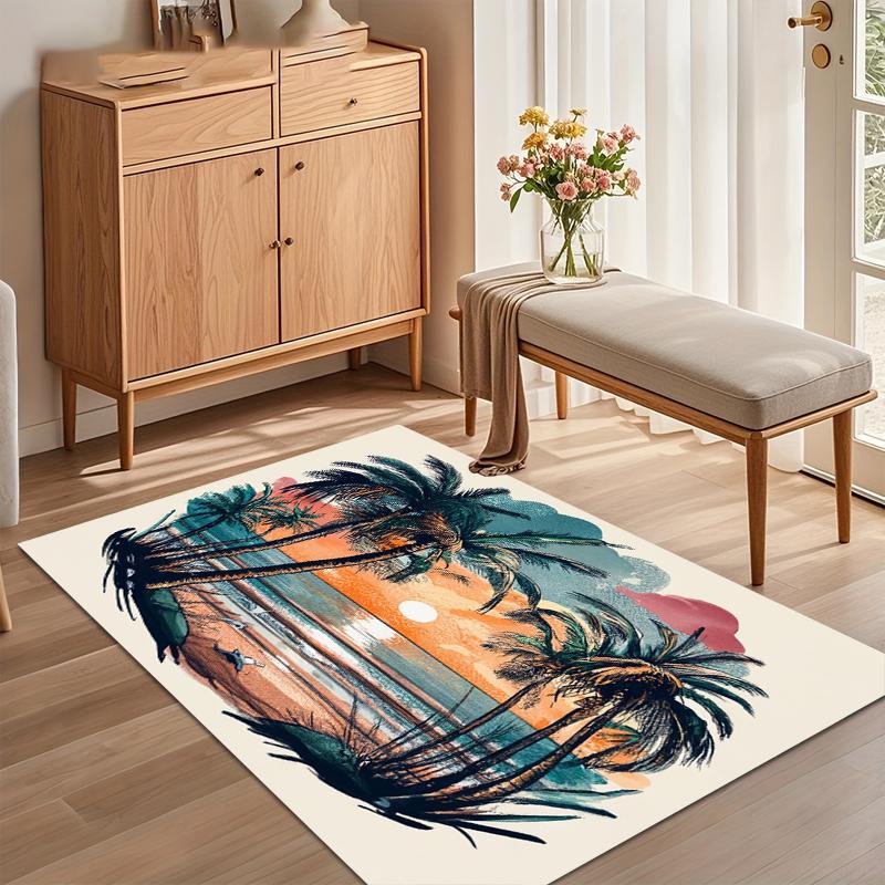 Vibrant Durable Tropical Sunset Beach Area Rug with Palm Trees and Ocean Scene for Bedroom Living Room Playroom Floor Decor 40X60cm