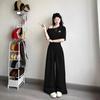 Korean Casual Sports Suit for Women, Summer Waist-cinching Slanted Shoulder Top, High-waisted Wide-leg Pants, Two-piece Set