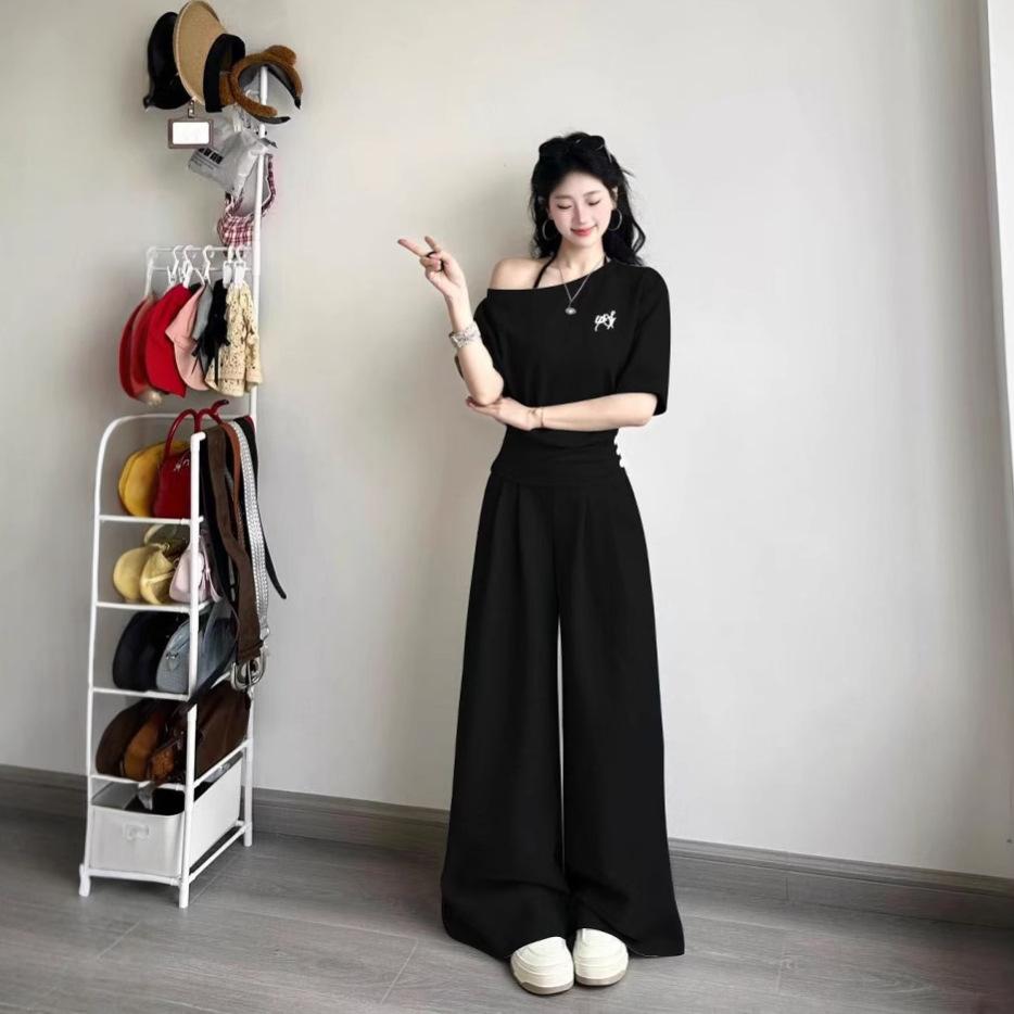 

Korean Casual Sports Suit for Women, Summer Waist-cinching Slanted Shoulder Top, High-waisted Wide-leg Pants, Two-piece Set XL чорний