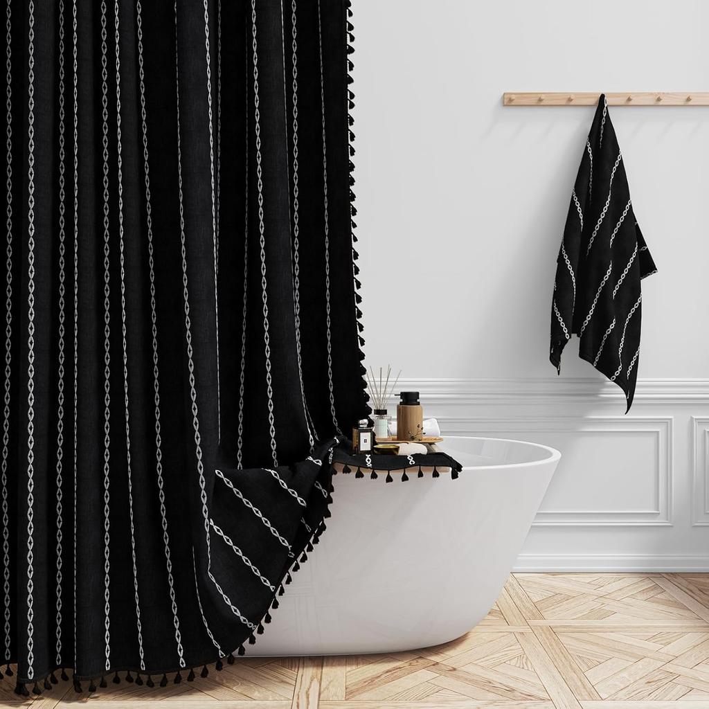 300GSM Thickened Polyester Linen Blend Shower Curtain, Waterproof Lotus Coating, Vertical Stripes with Tassel Hem