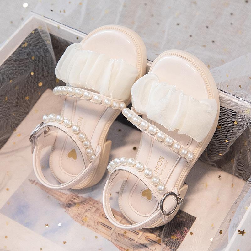 Girls Princess Sandals with Pearls Children Leather Sandals for Party Wedding Fashion Kids Performance Shoes Anti-Slippery