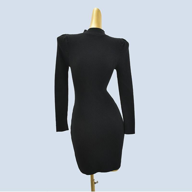 Match with Coat Half Turtleneck Puff Sleeves Halterneck Cross Silm Long Sleeves Sheath Mid-Length Pure Color Dress Bottoming Skirt