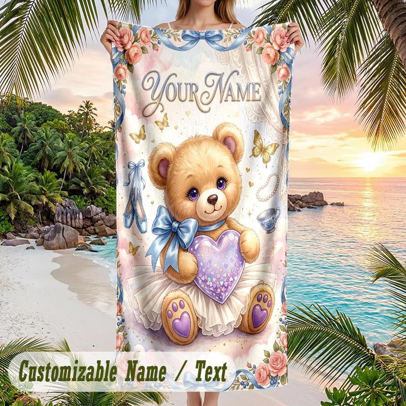 Teddy Bear Theme Beach Towel Personalized Custom Name & Text Soft Quick Dry Beach Towel for Swimming Travel