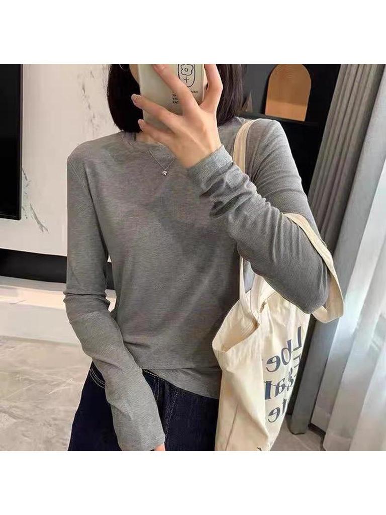 Women's Slim Fit Long-Sleeve Round Neck T-Shirt - Solid Color, High Street Autumn Style