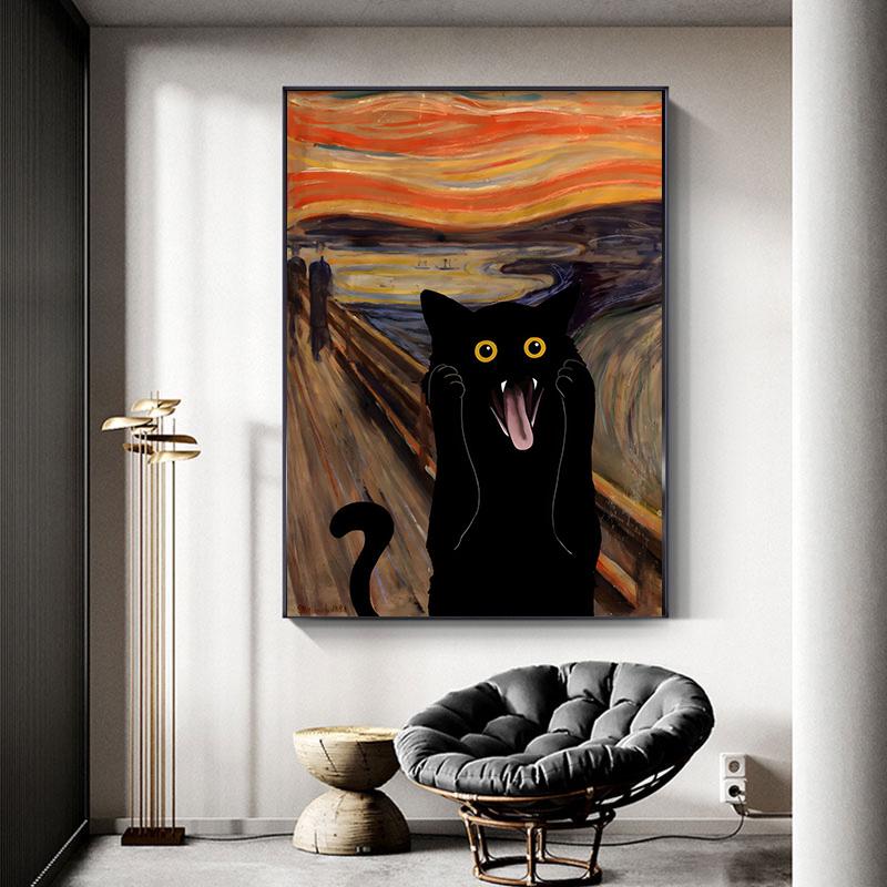 The Scream Black Cat Portrait Lustige Kunst Leinwand Malerei Abstrakte Schwarze Katze Poster Und Drucke Cuadros Wandkunst Für Wohnzimmer