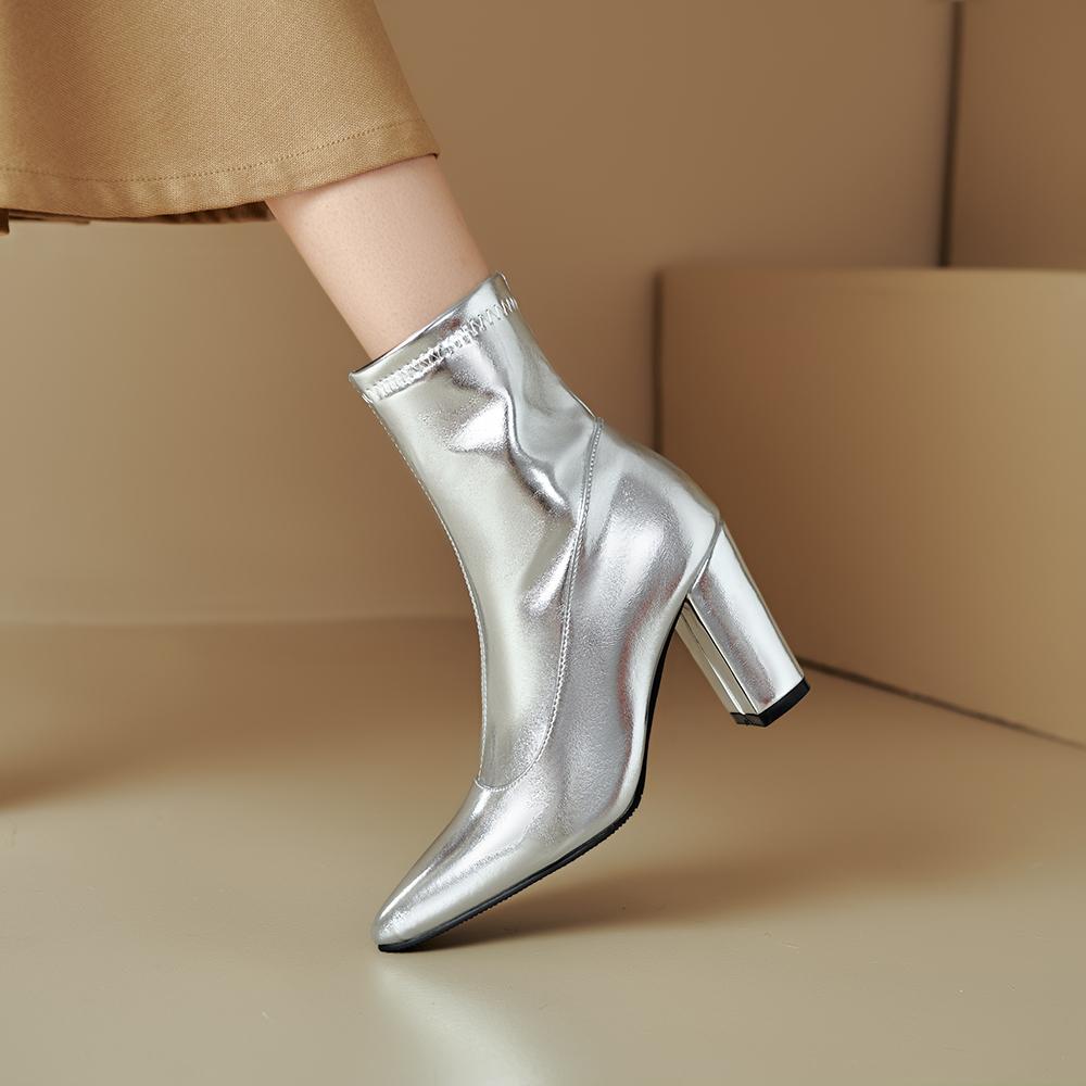 Gold Silver Women Mid Calf Boots High Heel Small Big Size 32 46