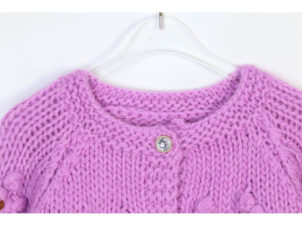 Women's Fashionable Purple Pom-Pom Cardigan - Round Neck, Beaded, Hand-Crocheted, Lazy Style, Autumn/Winter Sweater