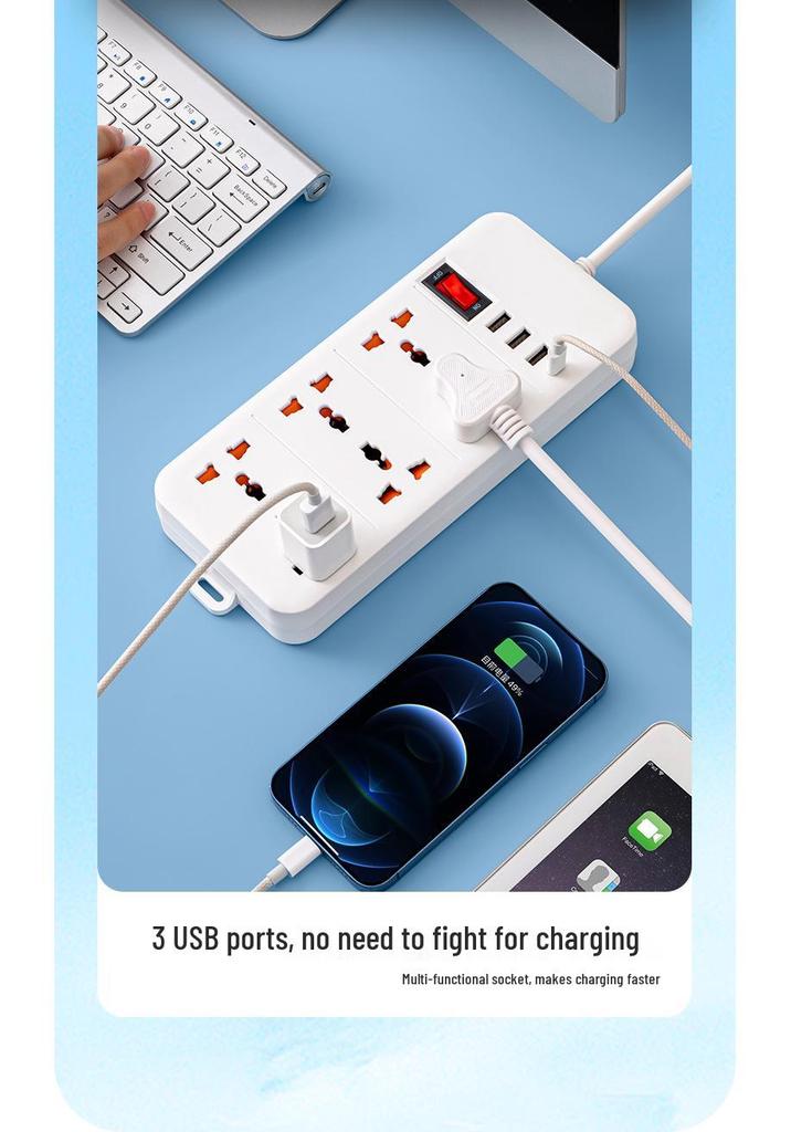 USB Smart Power Strip with Multiple Sockets, Universal European & UK Plug Board, Pure Copper Contacts