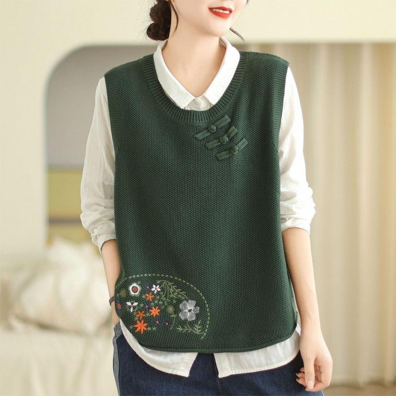 

Женский вязаный жилет с культурной застежкой-пуговицей и вышивкой, новинка весны и осени, свитер-жилет с круглым вырезом 3XL зелёный