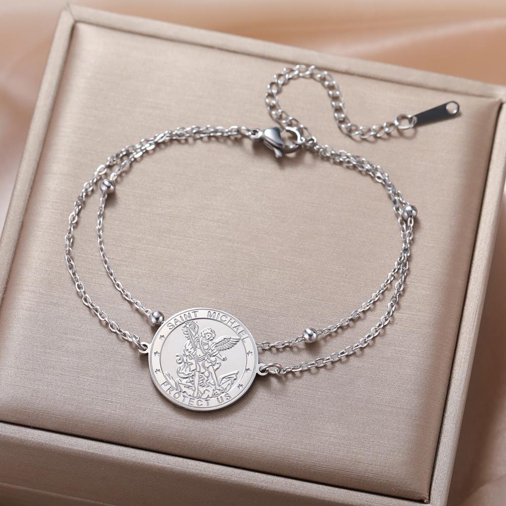 Dawapara Archangel Saint Michael Bracelet Double Sides Carved Charm Stainless Steel Prayer Amulet Jewelry for Protection