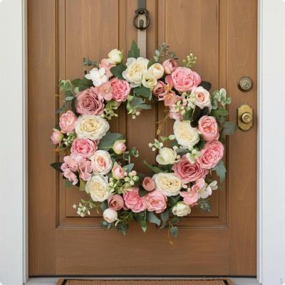 Pink Rose Wreath Seasonal Decor Silk Flowers Home Decoration for Porch, Wall