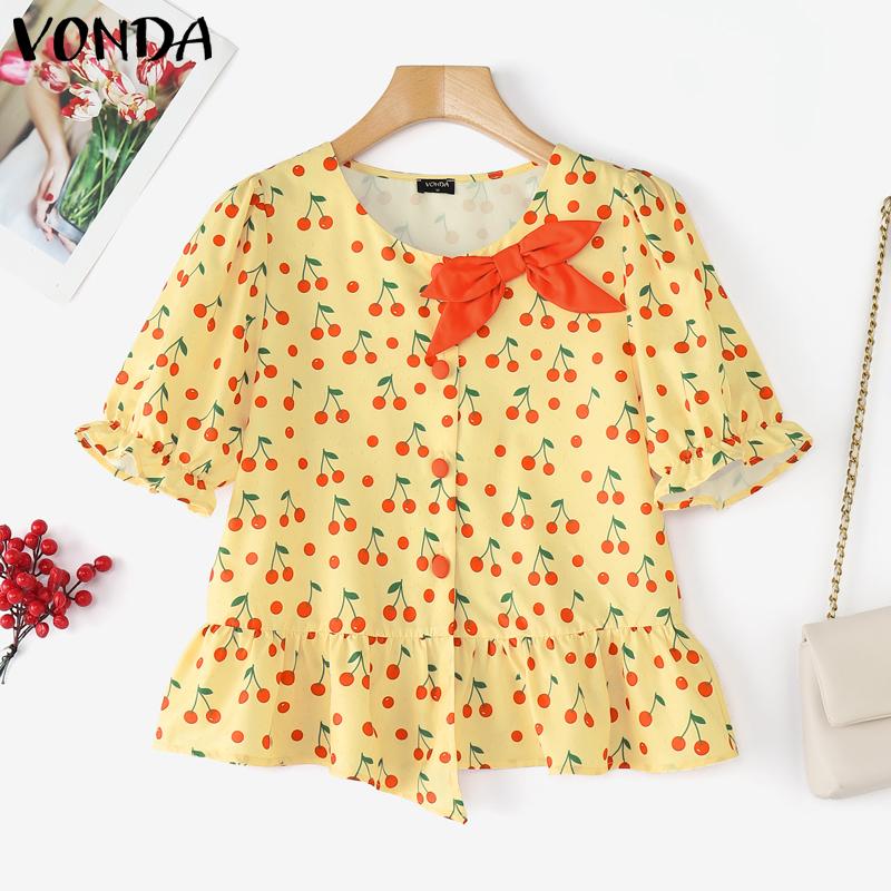 VONDA Women Summer Short Sleeve Bow Knot Printing Casual Ruffled Cropped Blouse