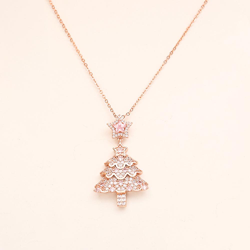 Hot-Selling Pink Zircon Pendant Necklace & Super Shiny Fairy-Style Earrings Set - Cute, Fresh Christmas Tree Design