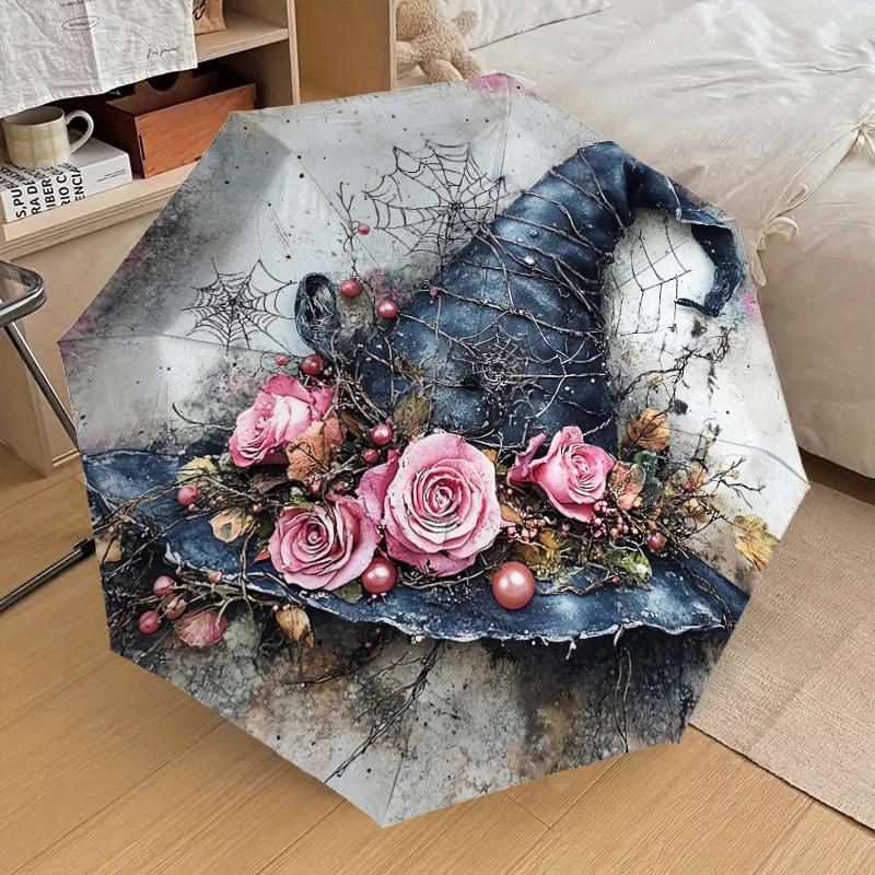 1ks Čarodějnický klobouk Vzor s květinami Design deštníku Automatické otevírání a zavírání Deštník, Vysoce kvalitní Cestovní deštník, Lehký a přenosný, -52